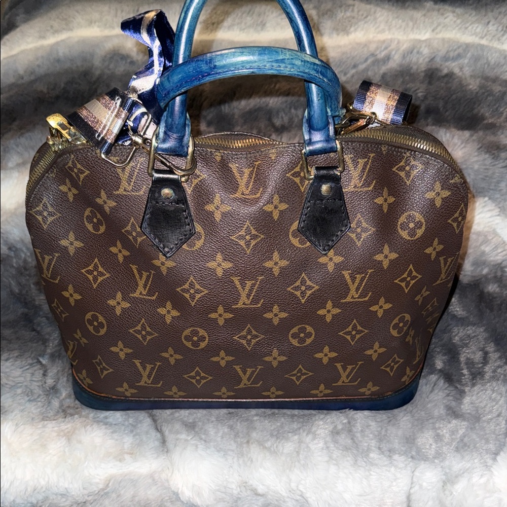 Louis Vuitton 1995 Vintage Alma Brown and Blue Monogram Satchel
